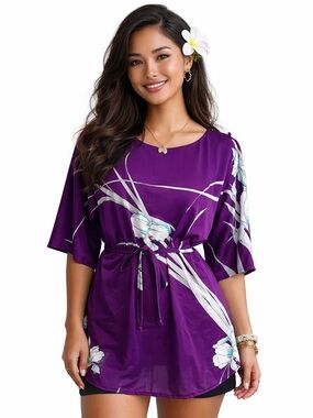 Vintage Malihini Hawaii Purple Floral Tie-Waist Tunic Top